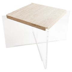 Modern Travertine Side Table with Methacrylate x Shape Base, Italia, 1970