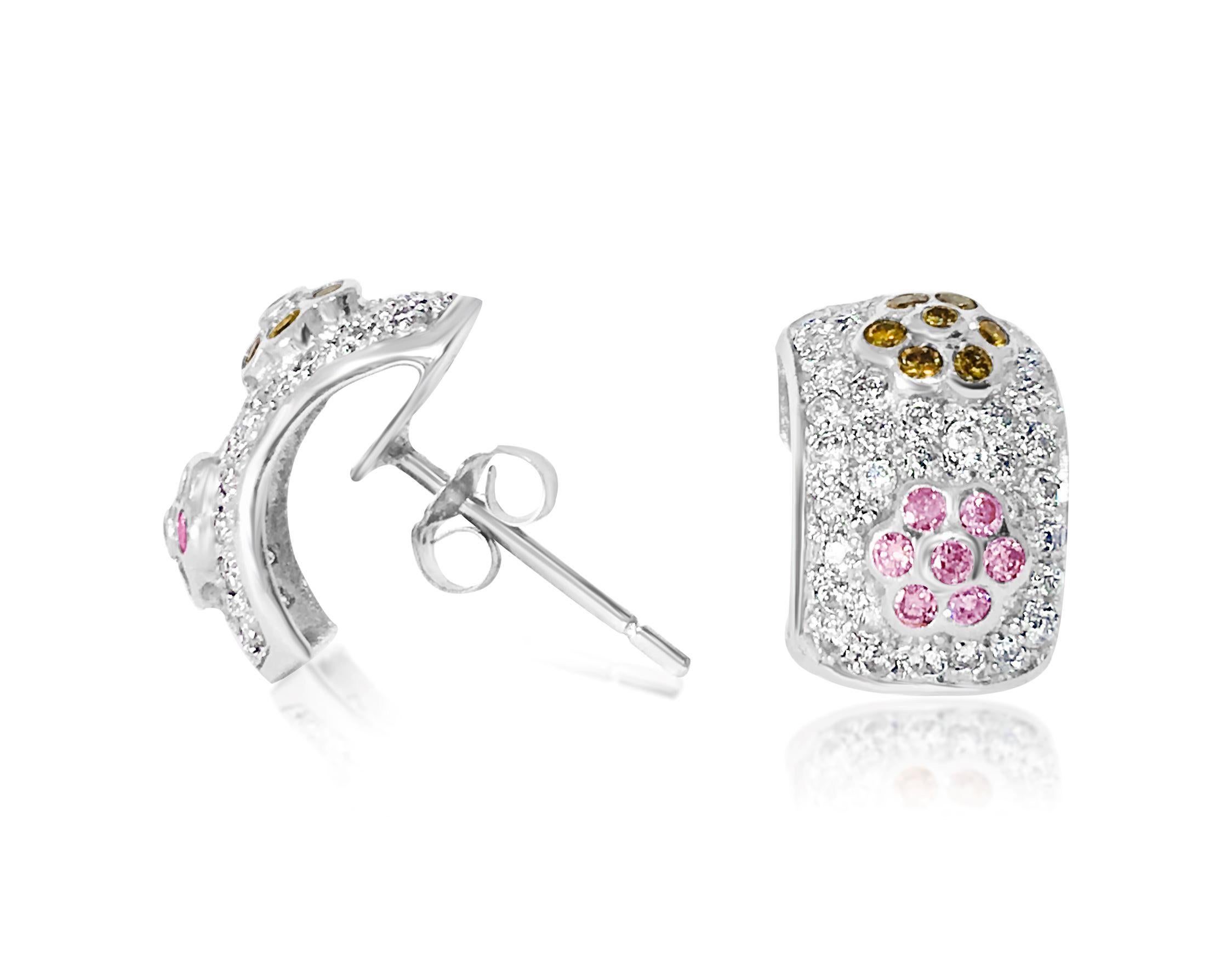 Metal: 14K white gold. 
White diamonds. Pink and Yellow Sapphire 
Total carat weight of all stones: 2.00 carats. 
SI clarity and G color white diamonds. 
All stones are 100% natural earth mined. 

Butterfly push back

Top of the line