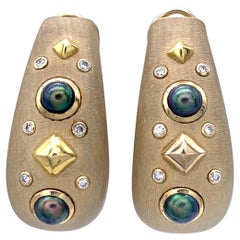 Modern Trianon Clip on Earrings 14 Kt Gold Wood Diamonds Greenish/Grey Pearl