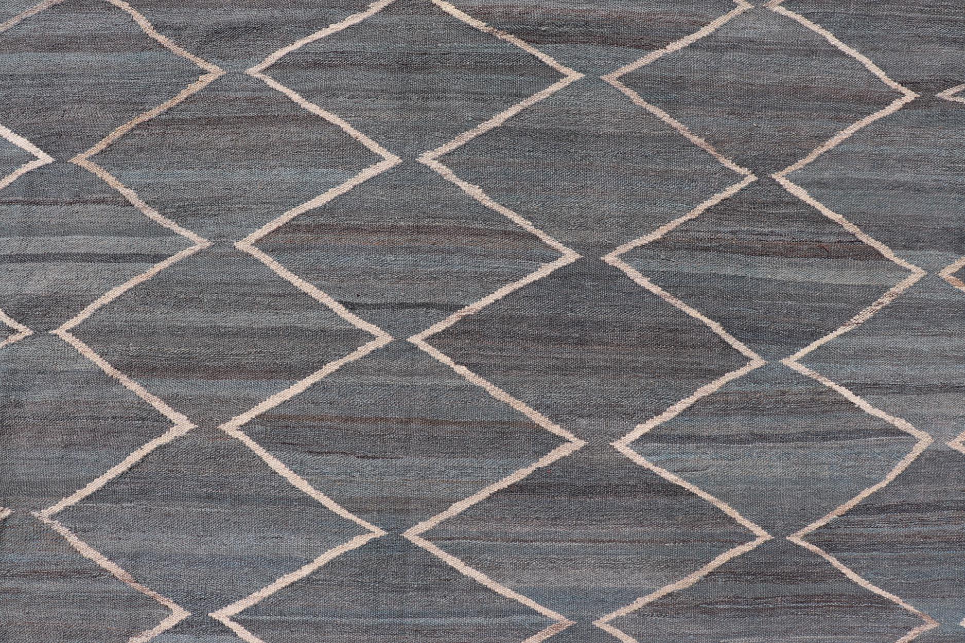 Modern Tribal Afghan Kilim Flat Weave in Charcoal-Blue and Ivory 8'6 x 11'4 For Sale 6