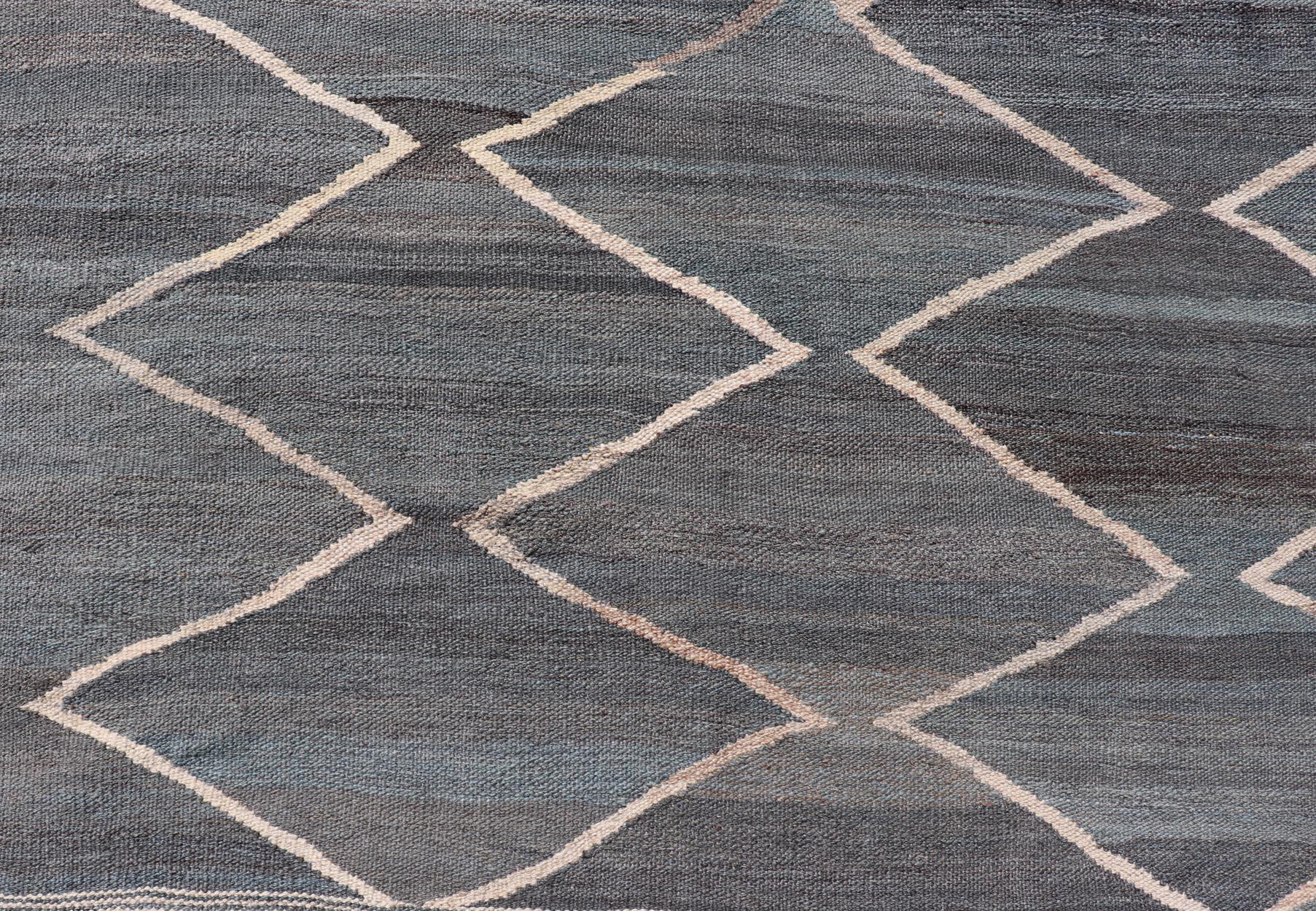 Hand-Woven Modern Tribal Afghan Kilim Flat Weave in Charcoal-Blue and Ivory 8'6 x 11'4 For Sale
