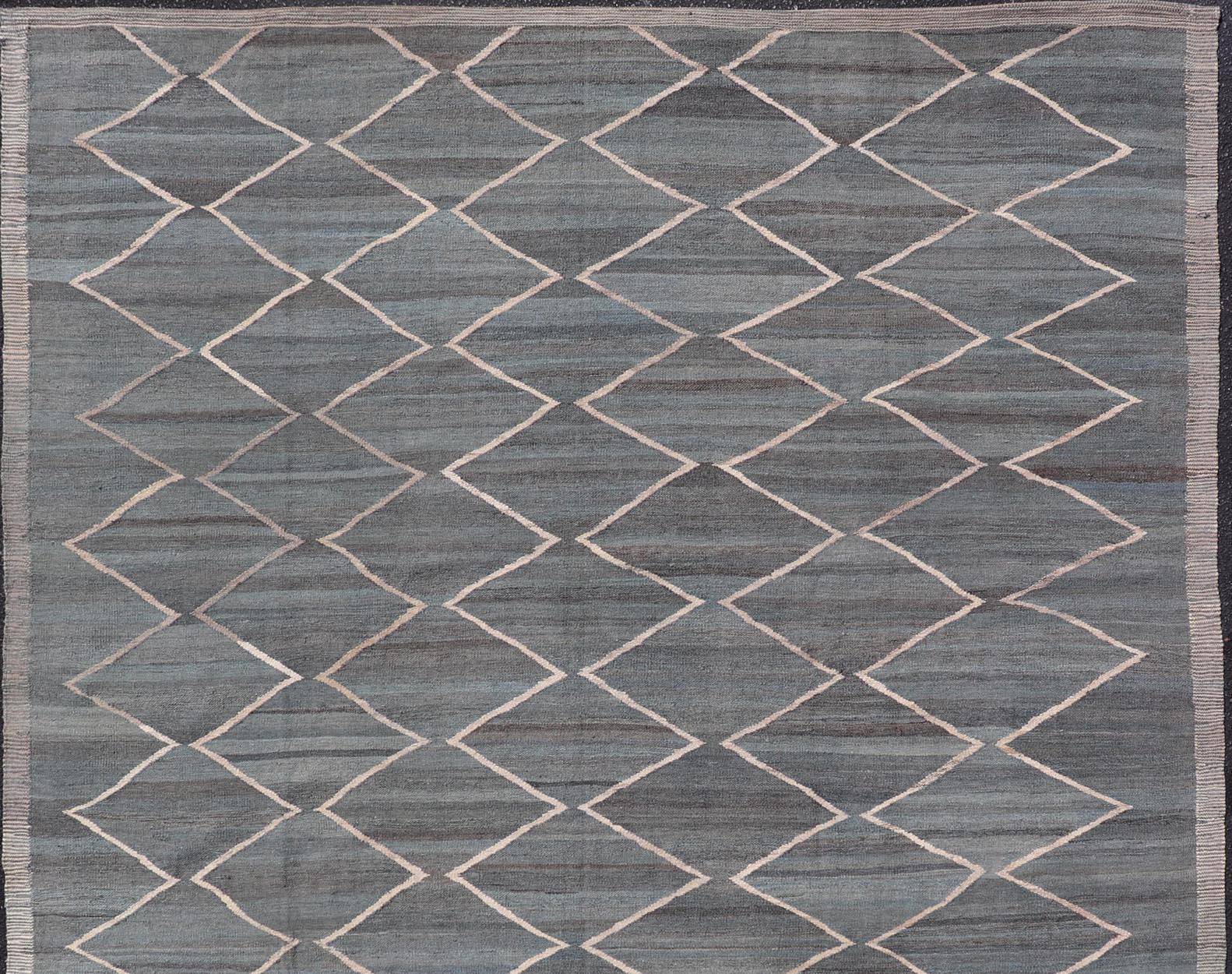 Contemporary Modern Tribal Afghan Kilim Flat Weave in Charcoal-Blue and Ivory 8'6 x 11'4 For Sale