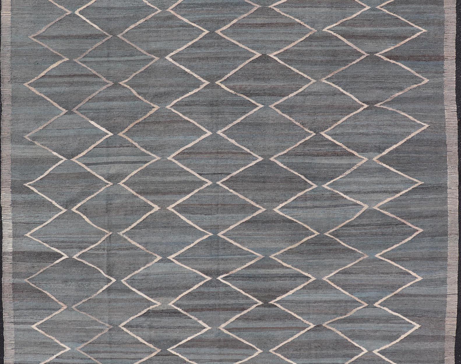 Wool Modern Tribal Afghan Kilim Flat Weave in Charcoal-Blue and Ivory 8'6 x 11'4 For Sale