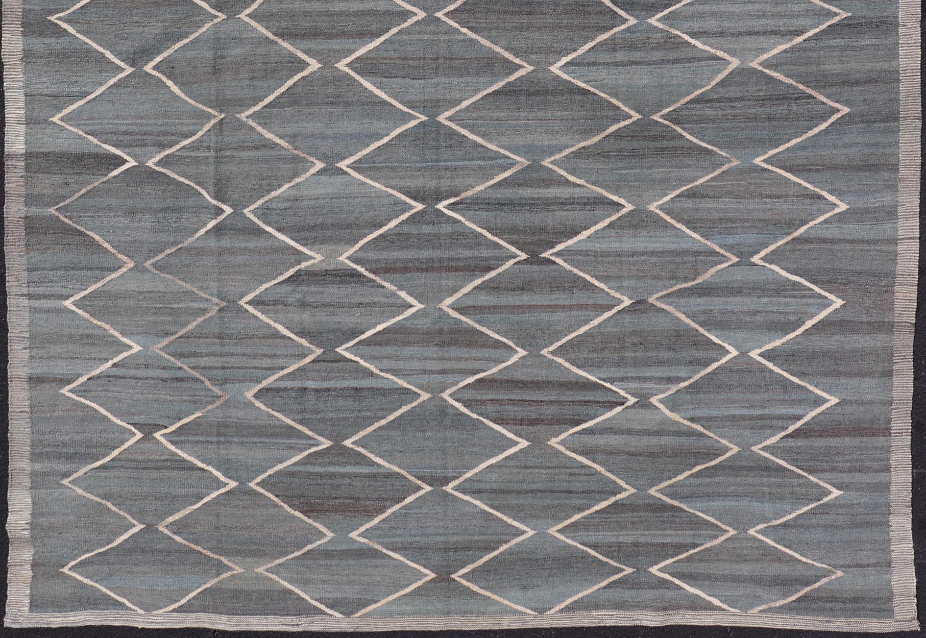 Modern Tribal Afghan Kilim Flat Weave in Charcoal-Blue and Ivory 8'6 x 11'4 For Sale 1