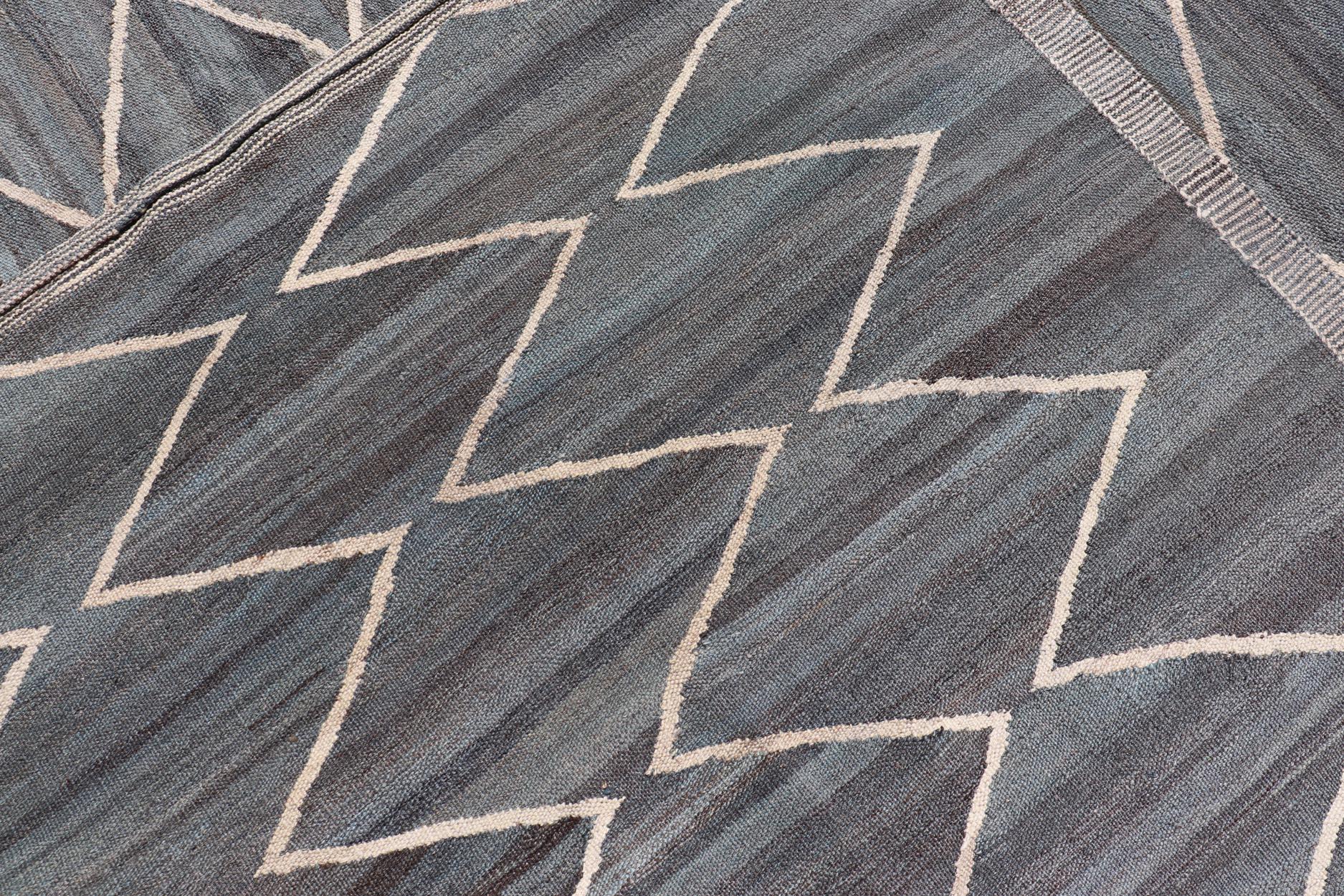 Modern Tribal Afghan Kilim Flat Weave in Charcoal-Blue and Ivory 8'6 x 11'4 For Sale 2