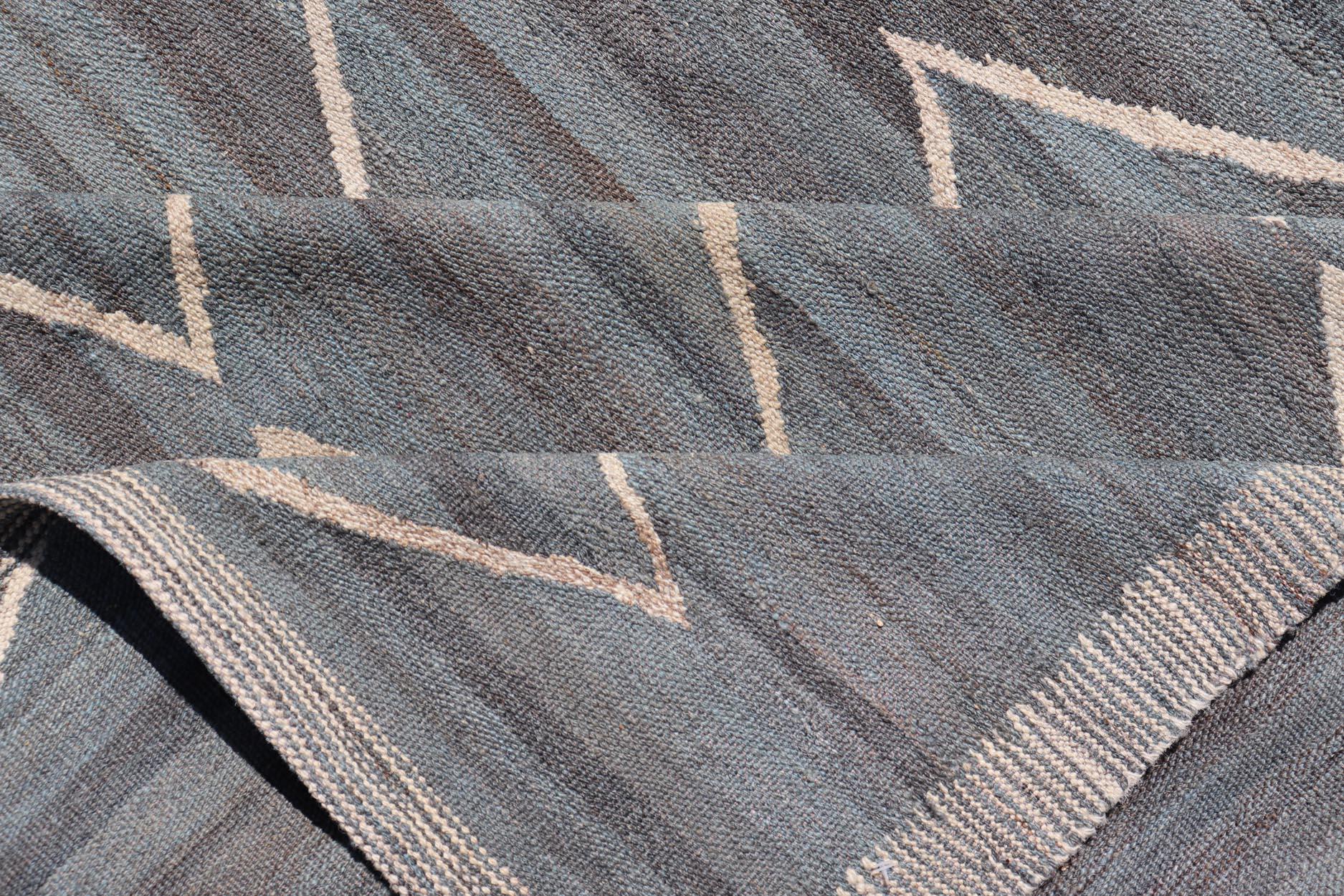 Modern Tribal Afghan Kilim Flat Weave in Charcoal-Blue and Ivory 8'6 x 11'4 For Sale 3