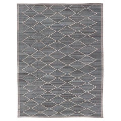 Modern Tribal Afghan Kilim Flat Weave in Charcoal-Blue and Ivory 8'6 x 11'4