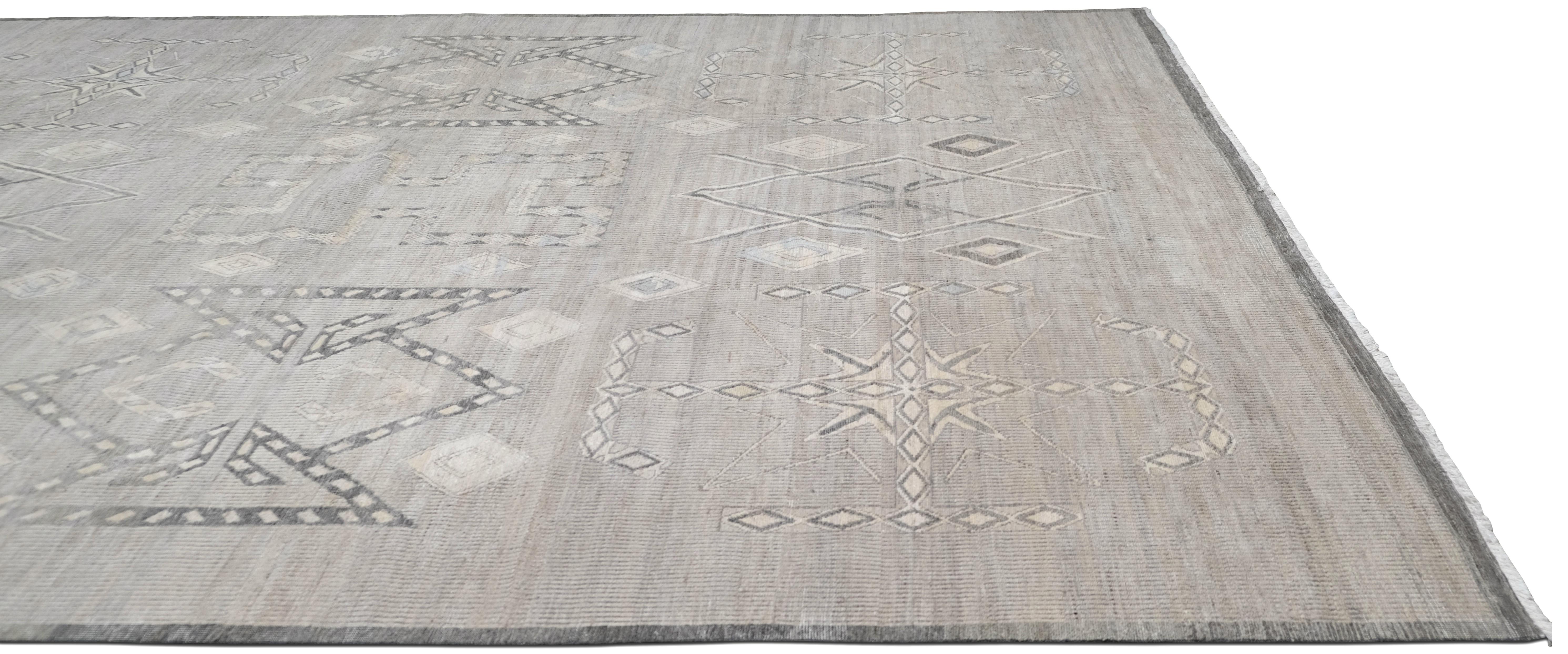 Modern tribal inspiriert  Geometrischer handgeknüpfter Wollteppich 9'x12' im Angebot 2