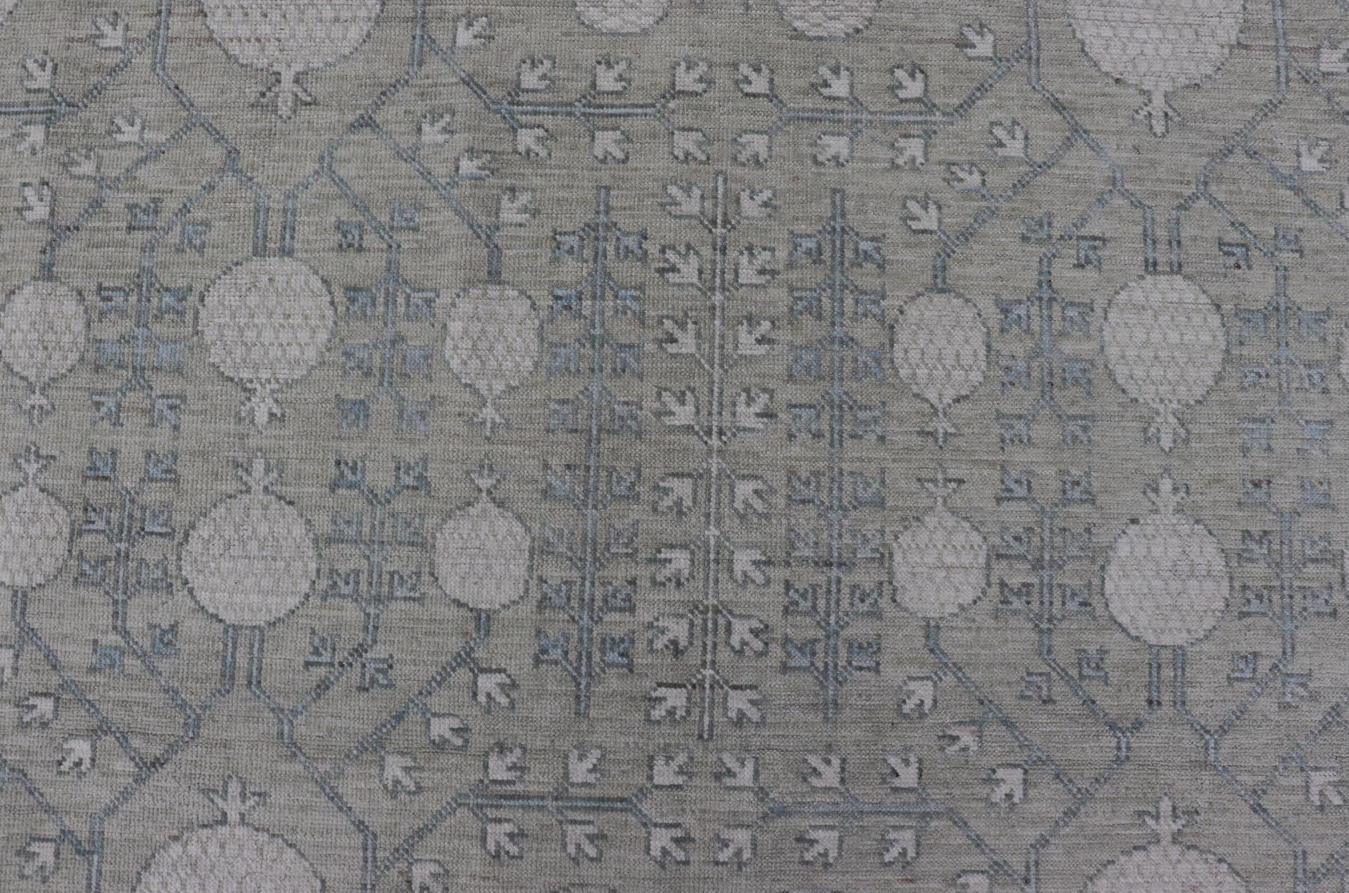 Modern Tribal Khotan Rug in Shades of Cream, Green, Blue, and Gray For Sale 4