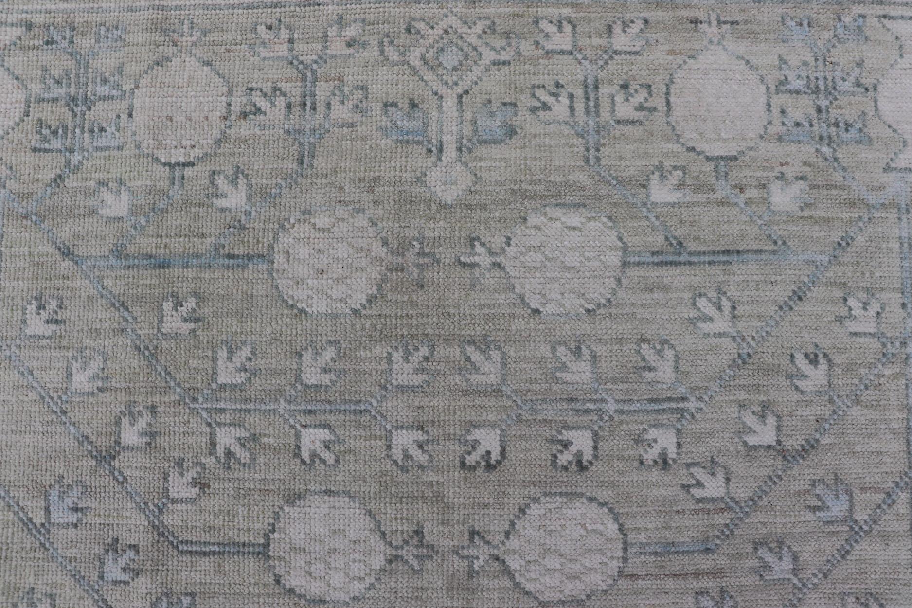 Modern Tribal Khotan Rug in Shades of Cream, Green, Blue, and Gray For Sale 5
