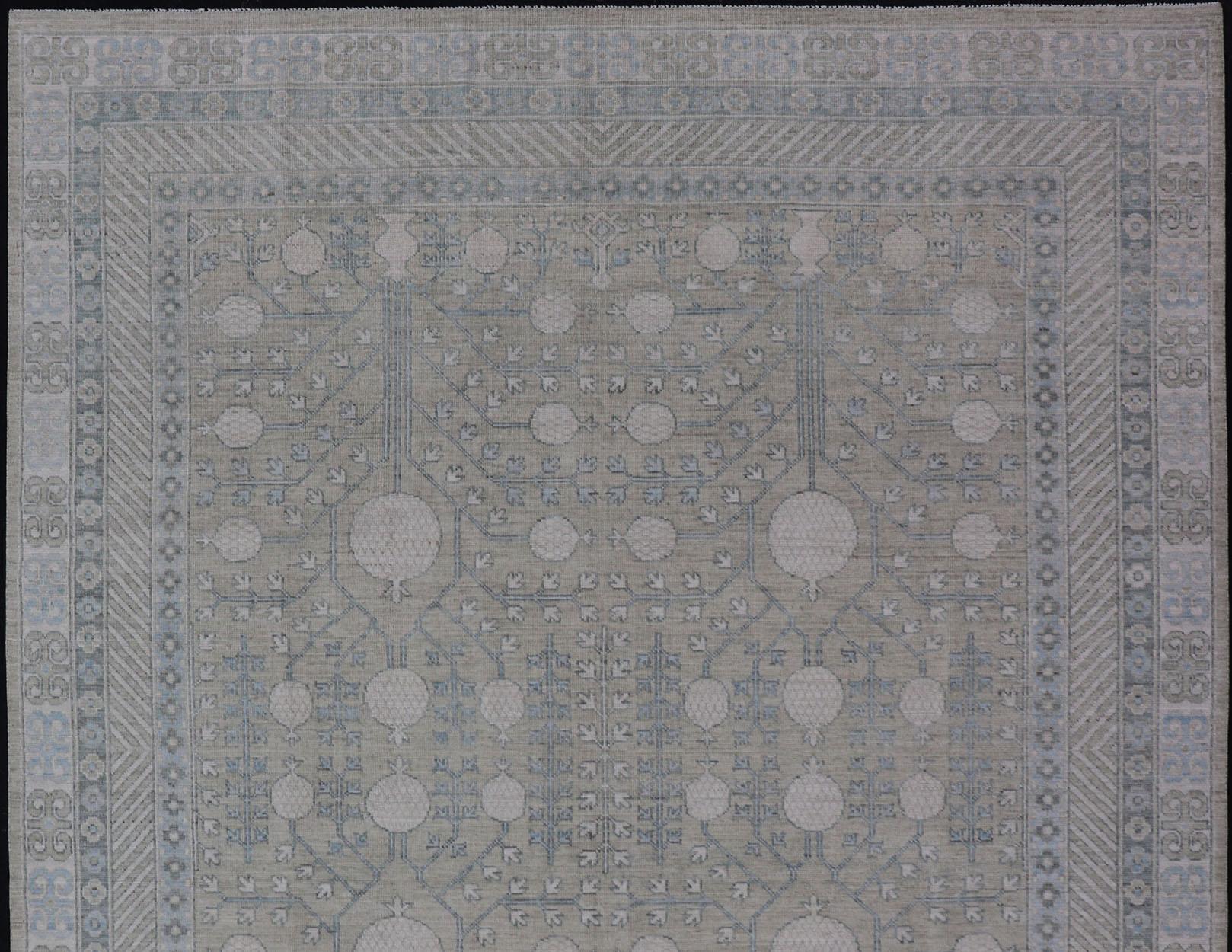 Contemporary Modern Tribal Khotan Rug in Shades of Cream, Green, Blue, and Gray For Sale