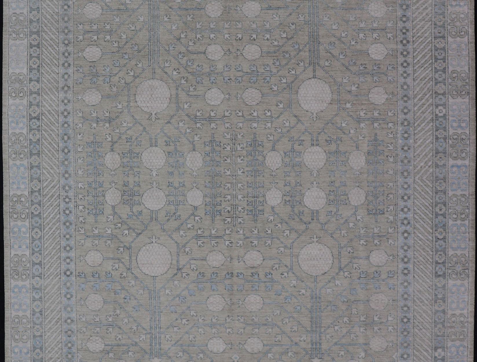 Wool Modern Tribal Khotan Rug in Shades of Cream, Green, Blue, and Gray For Sale