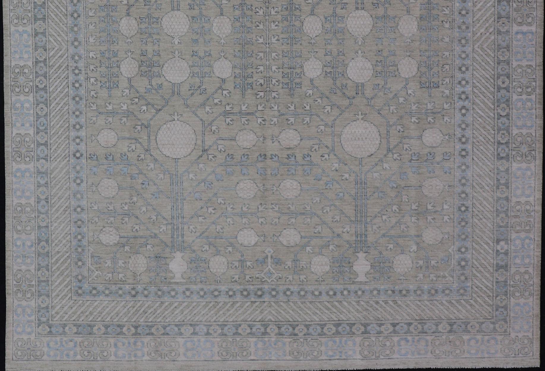 Modern Tribal Khotan Rug in Shades of Cream, Green, Blue, and Gray For Sale 1