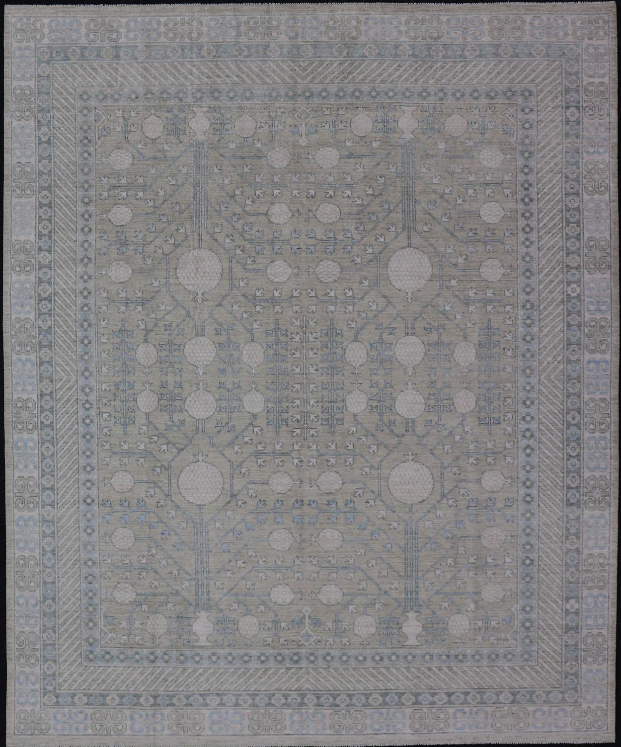 Modern Tribal Khotan Rug in Shades of Cream, Green, Blue, and Gray For Sale