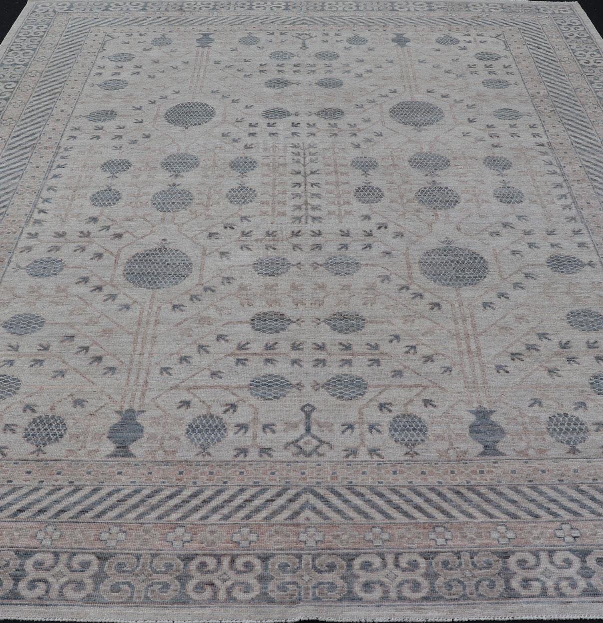 Modern Tribal Khotan Rug in Shades of Cream, Tan, and Light Teal For Sale 6