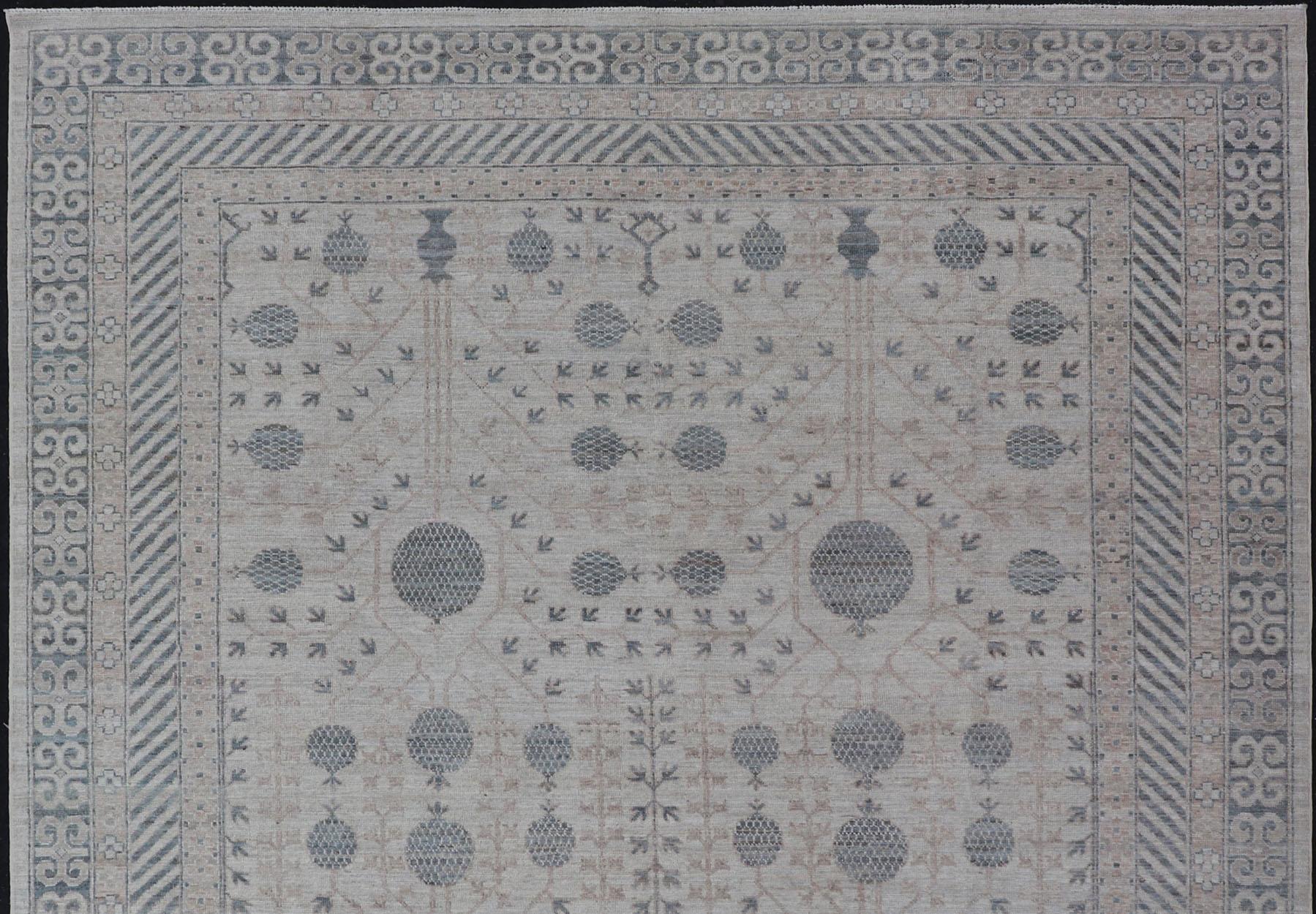 Modern Tribal Khotan Rug in Shades of Cream, Tan, and Light Teal For Sale 1