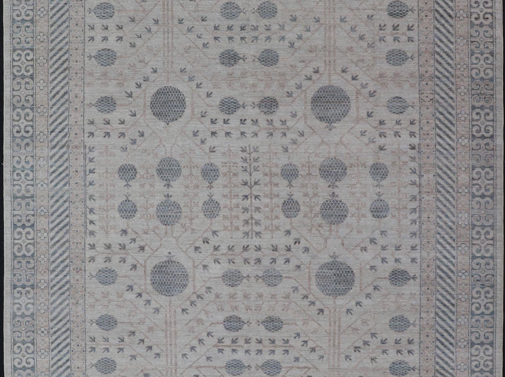 Modern Tribal Khotan Rug in Shades of Cream, Tan, and Light Teal For Sale 2