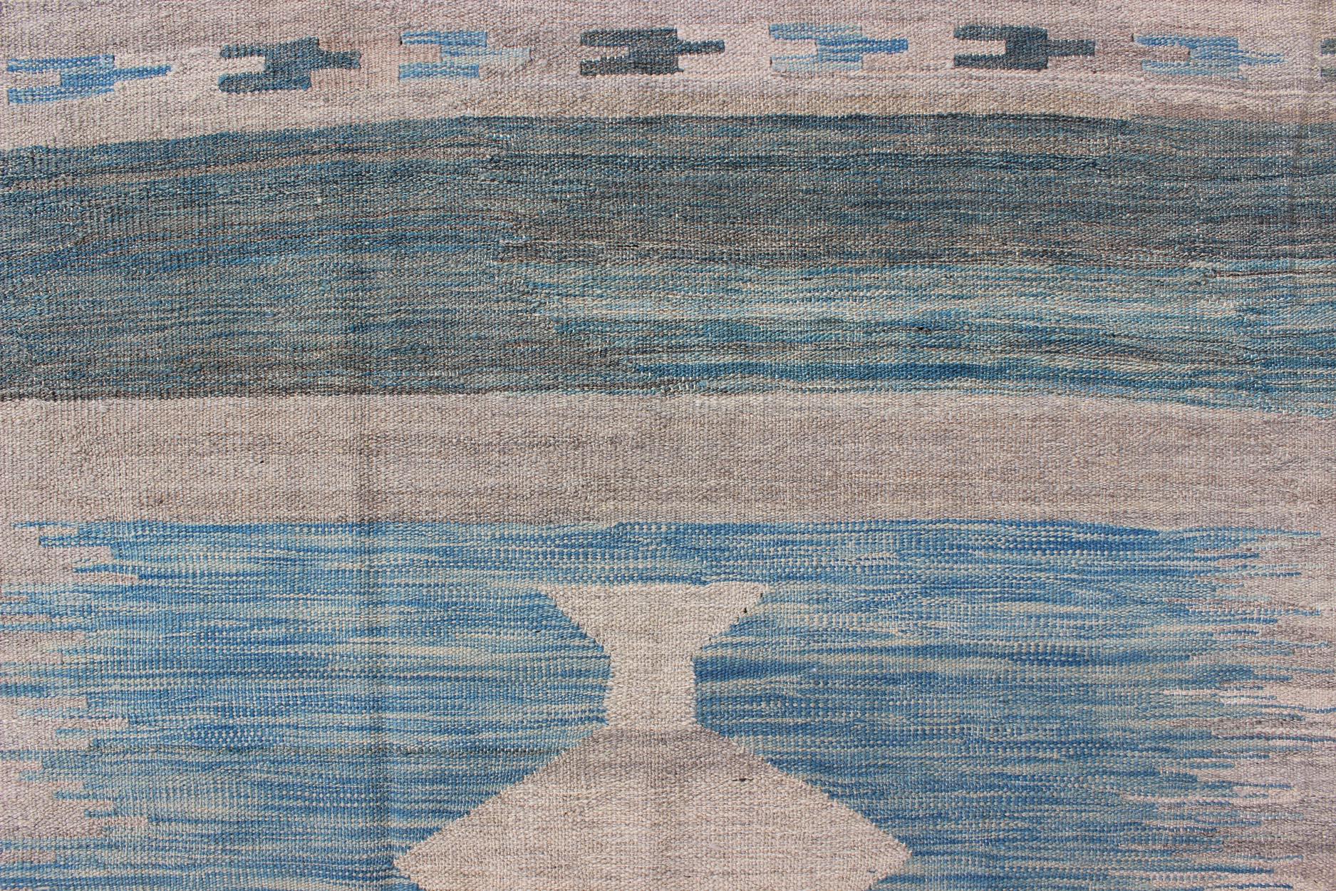 Modern Tribal Kilim in Shades of Blue's and Gray's For Sale 3
