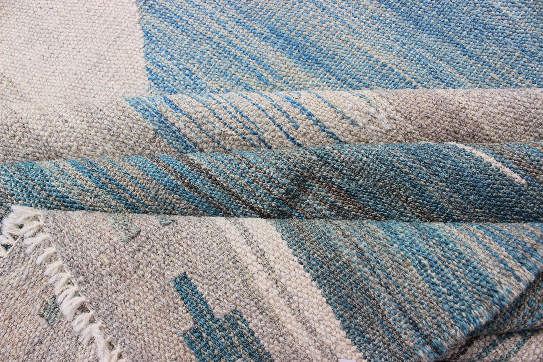 Modern Tribal Kilim in Shades of Blue's and Gray's For Sale 5