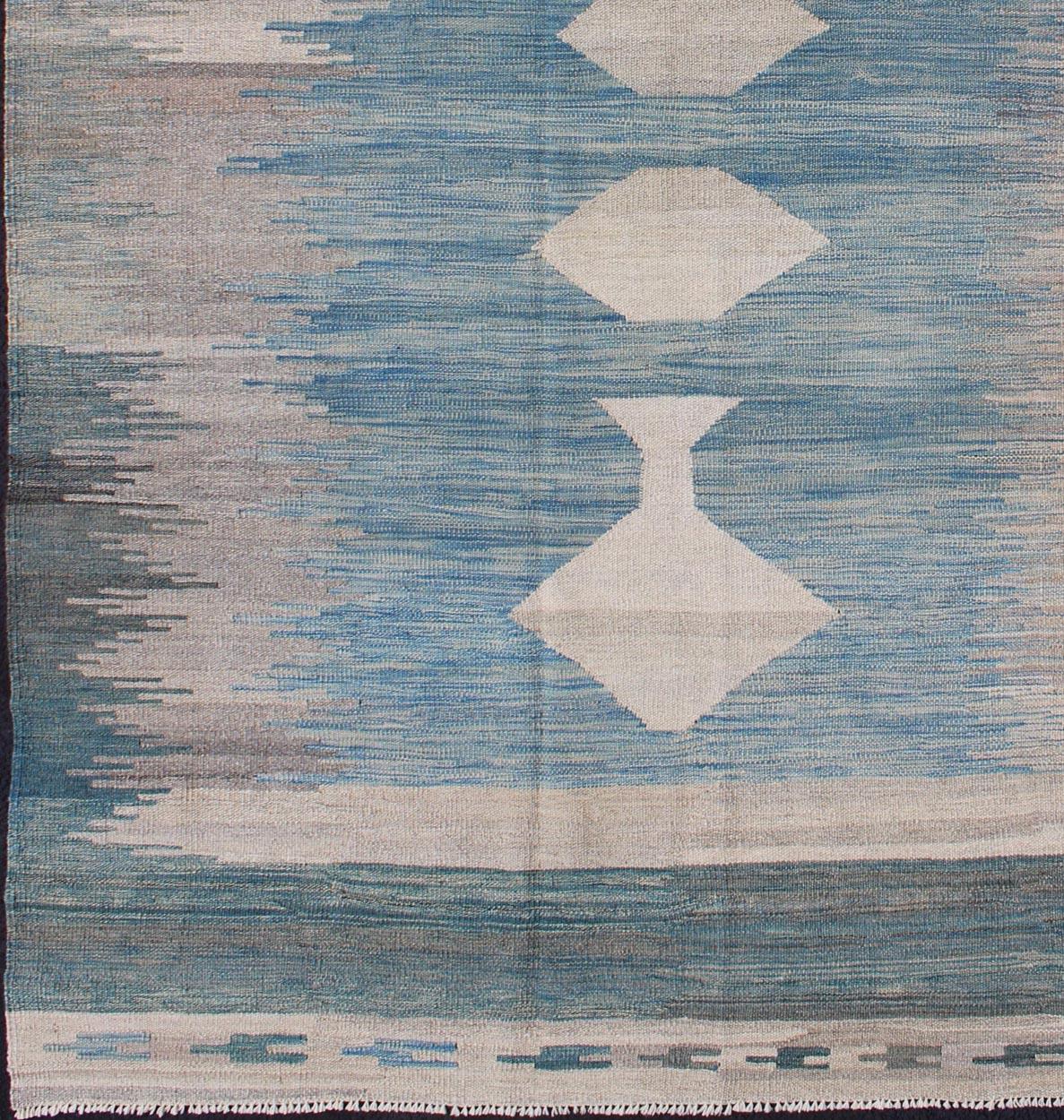 Afghan Modern Tribal Kilim in Shades of Blue's and Gray's For Sale