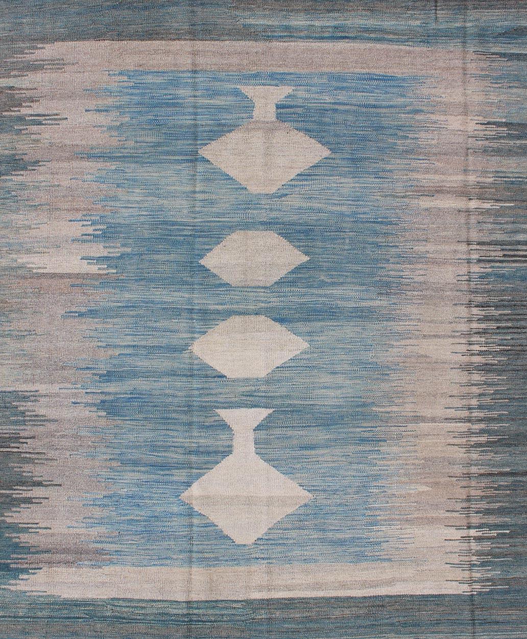 Hand-Woven Modern Tribal Kilim in Shades of Blue's and Gray's For Sale