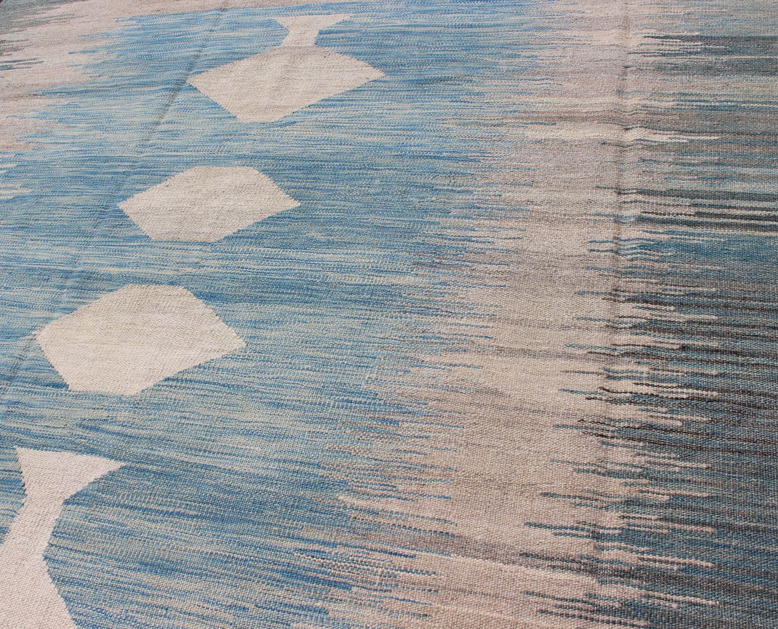 Contemporary Modern Tribal Kilim in Shades of Blue's and Gray's For Sale