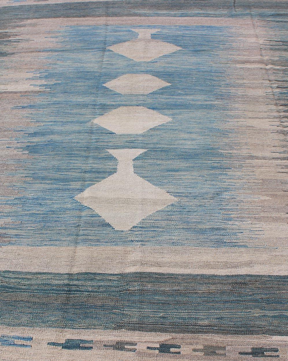 Wool Modern Tribal Kilim in Shades of Blue's and Gray's For Sale