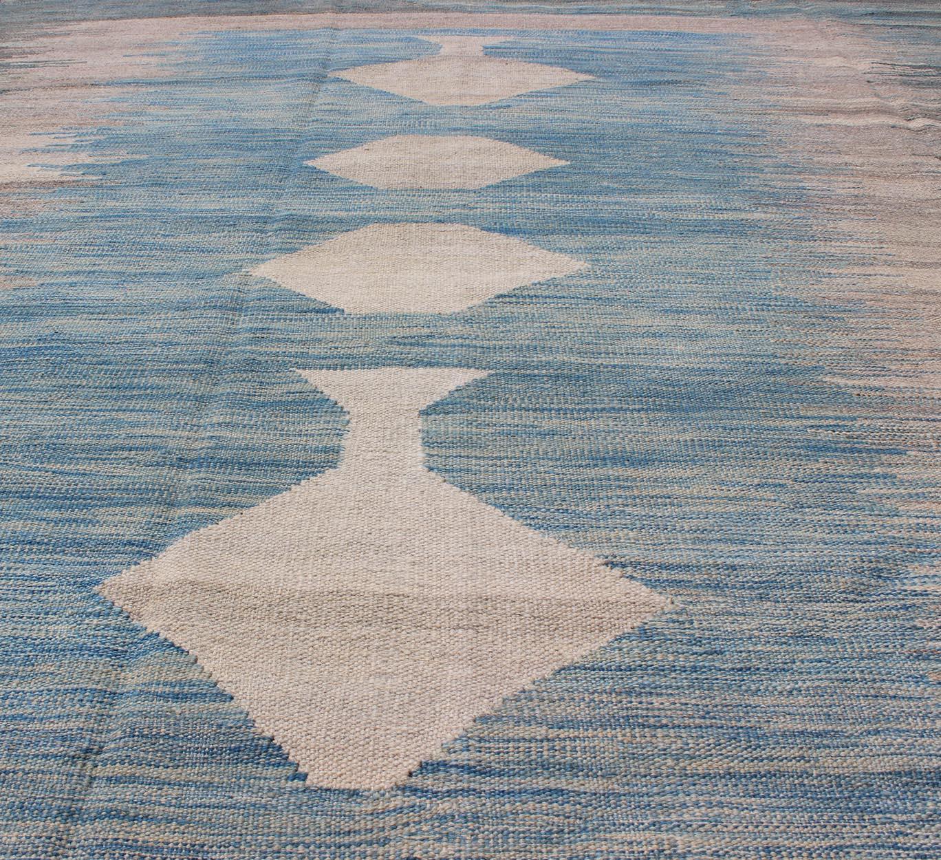 Modern Tribal Kilim in Shades of Blue's and Gray's For Sale 1