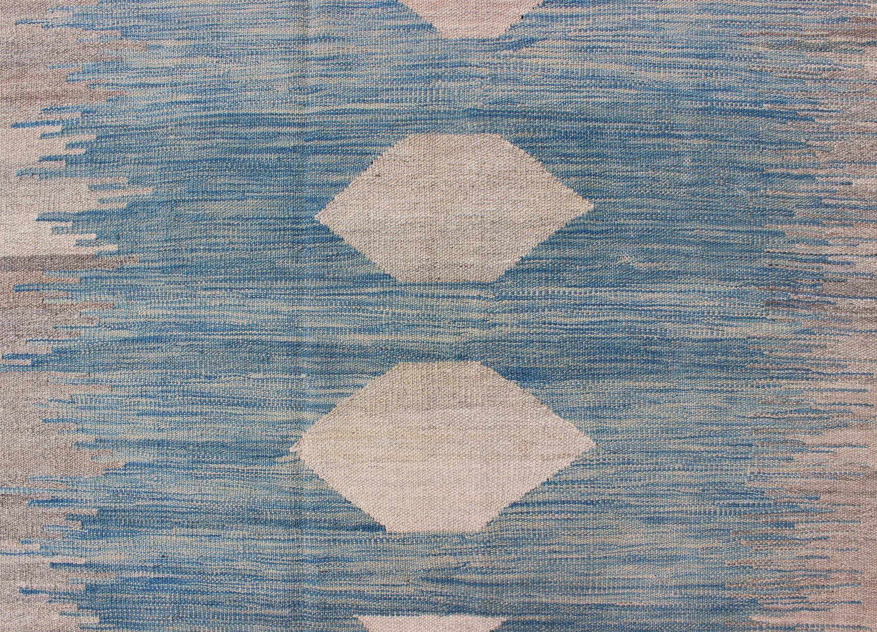 Modern Tribal Kilim in Shades of Blue's and Gray's For Sale 2