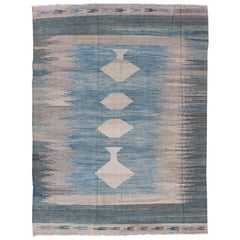 Modern Tribal Kilim in Shades of Blue's and Gray's