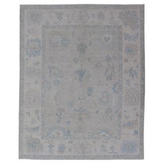 Modern Tribal Oushak with Light Silver-Gray Colored Background and Cream Border