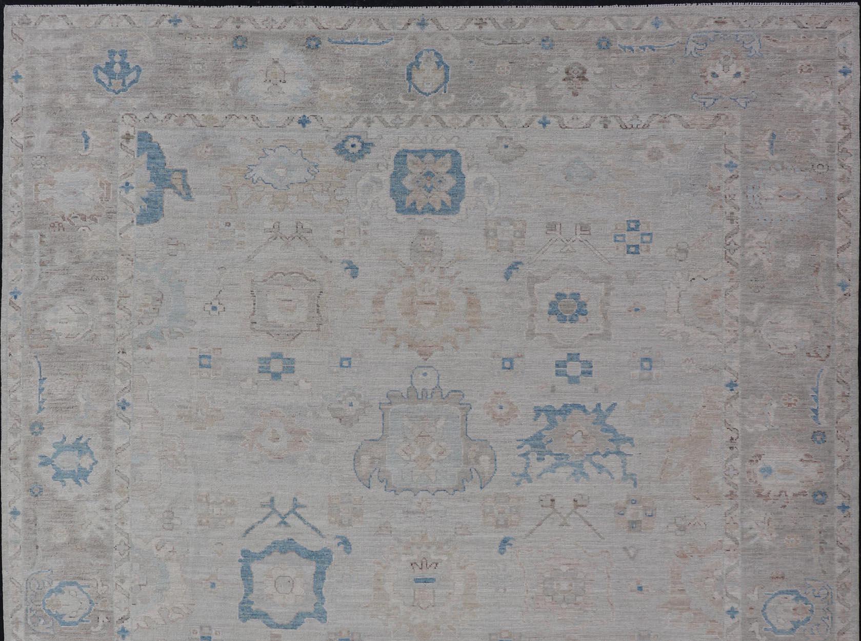 Modern Tribal Oushak with Light Taupe Colored Border and Off White Background For Sale 3