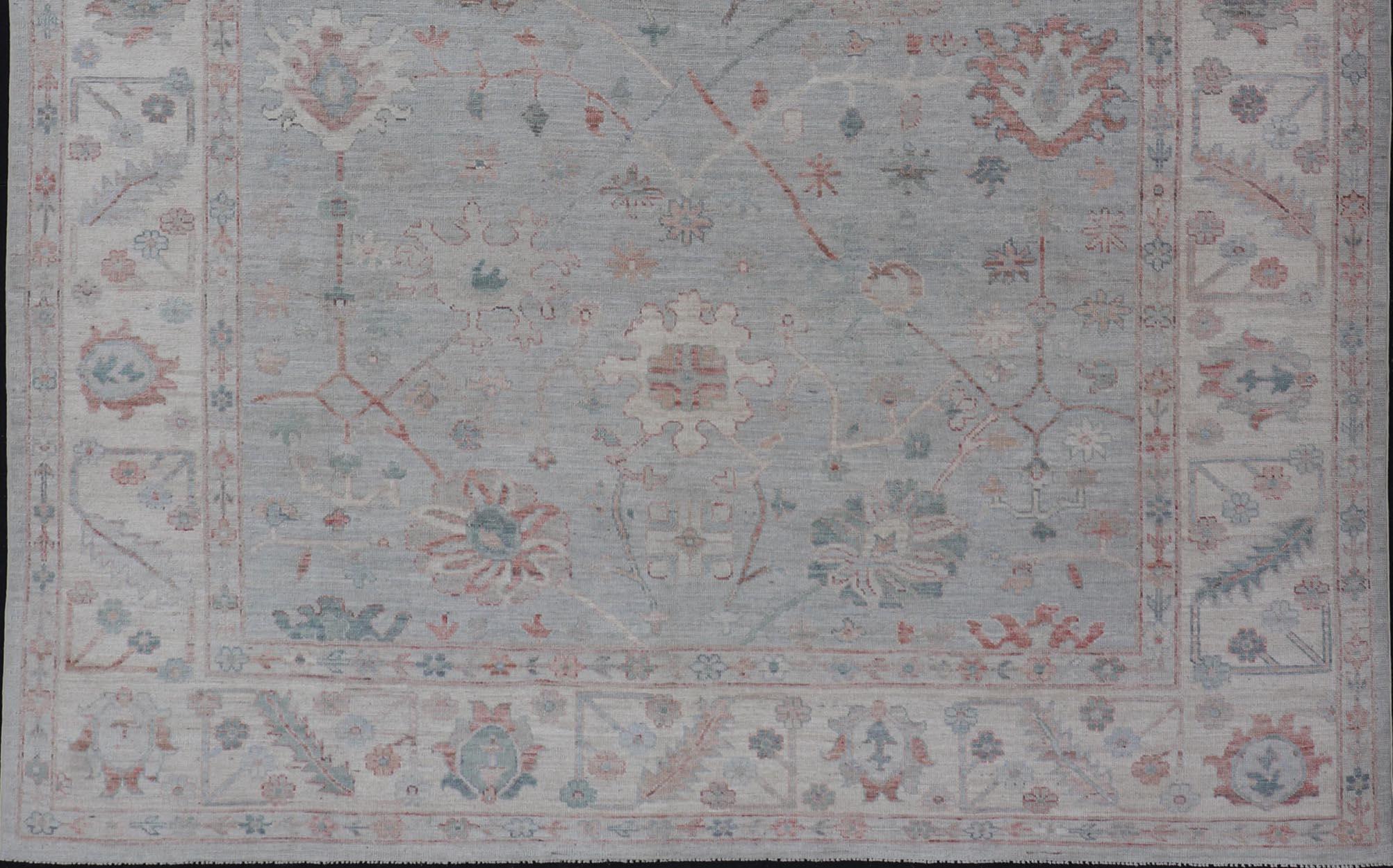 Hand-Knotted Modern Tribal Oushak with Muted Background in Wool with All-Over Design For Sale