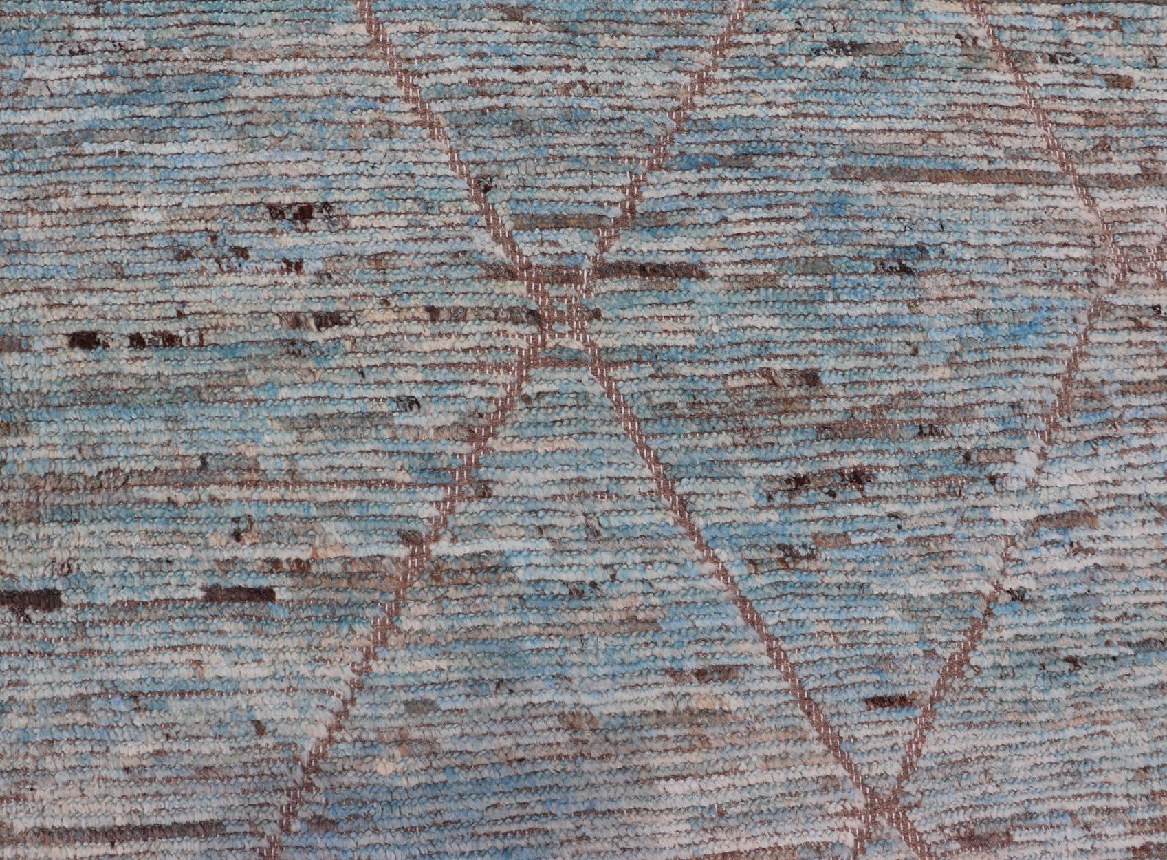 Contemporary Modern Tribal Rug in Wool with Sub-Geometric Design in Blue, Tan, & Ivory For Sale