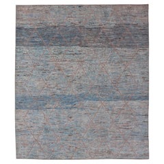 Modern Tribal Rug in Wool with Sub-Geometric Design in Blue, Tan, & Ivory