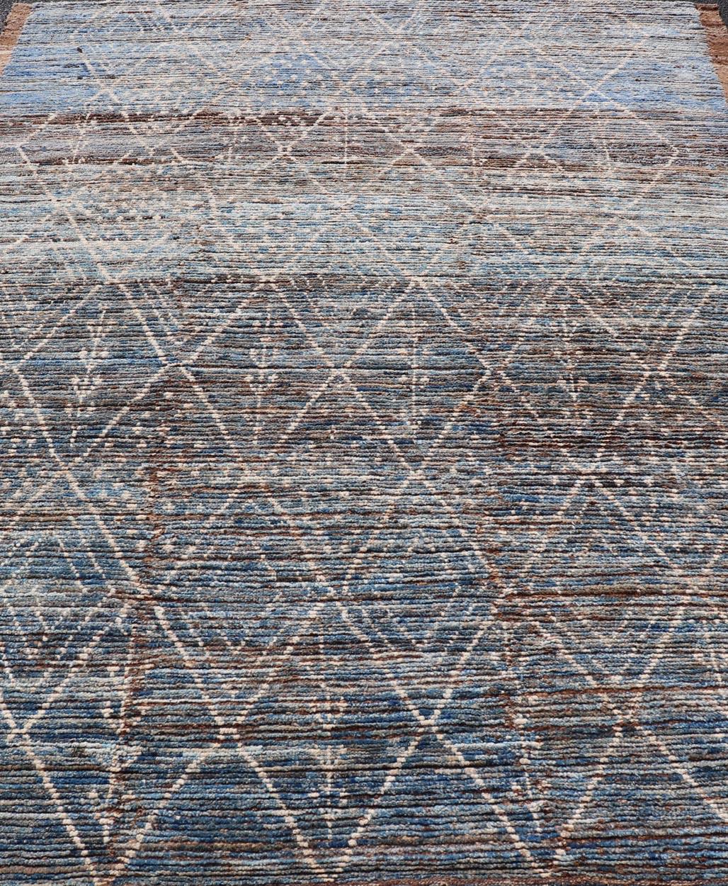 Modern Tribal Rug in Wool with Sub-Geometric Design in Dark Blue, Tan, & Ivory For Sale 4