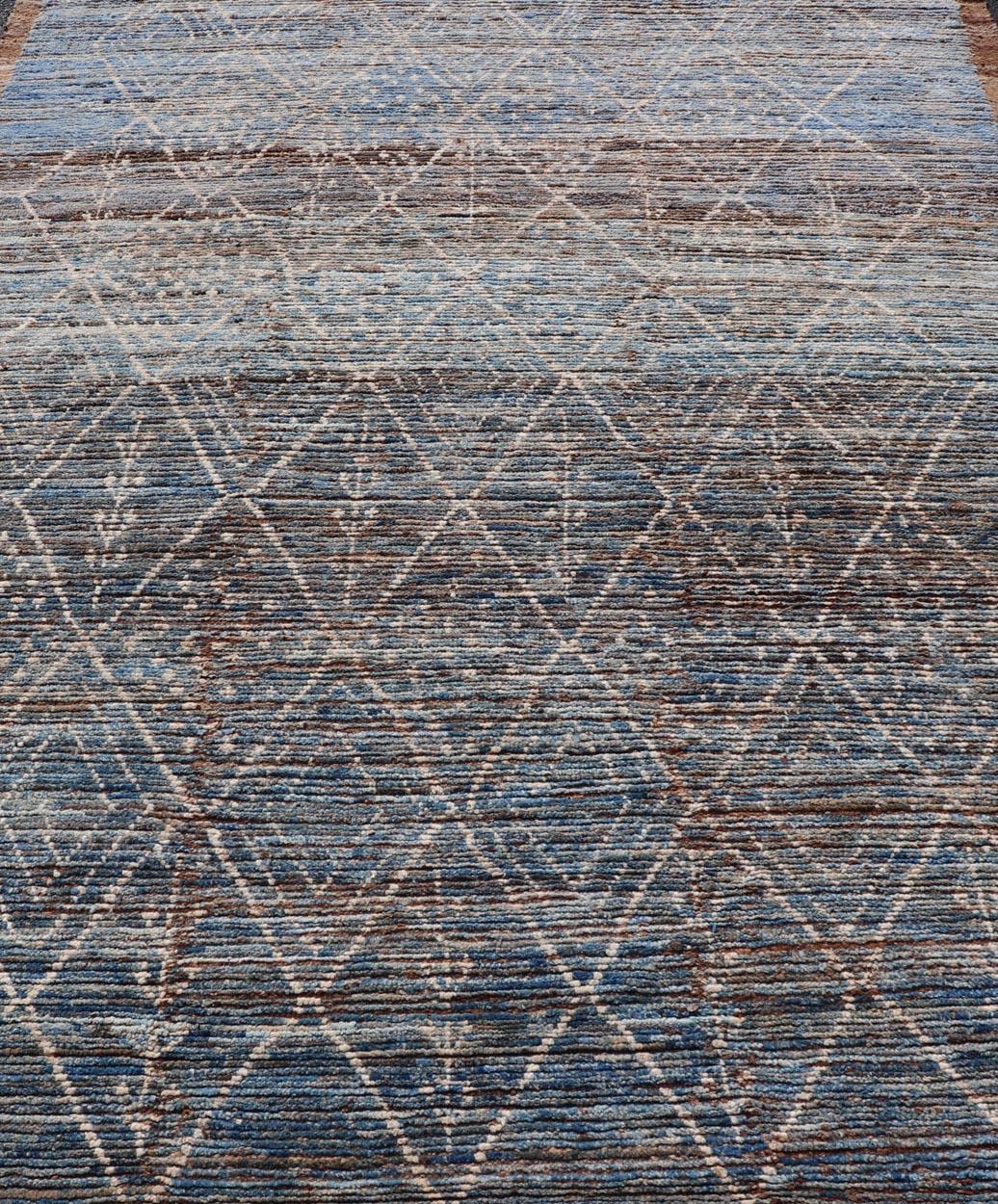 Modern Tribal Rug in Wool with Sub-Geometric Design in Dark Blue, Tan, & Ivory For Sale 5