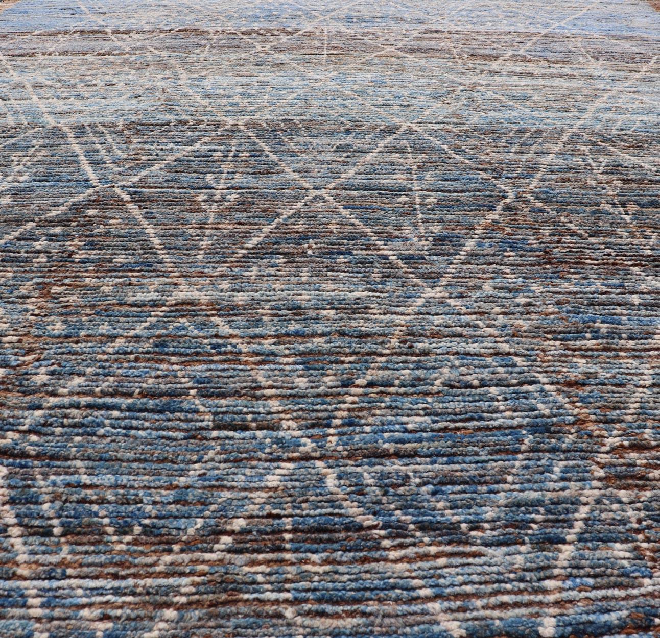 Modern Tribal Rug in Wool with Sub-Geometric Design in Dark Blue, Tan, & Ivory For Sale 6