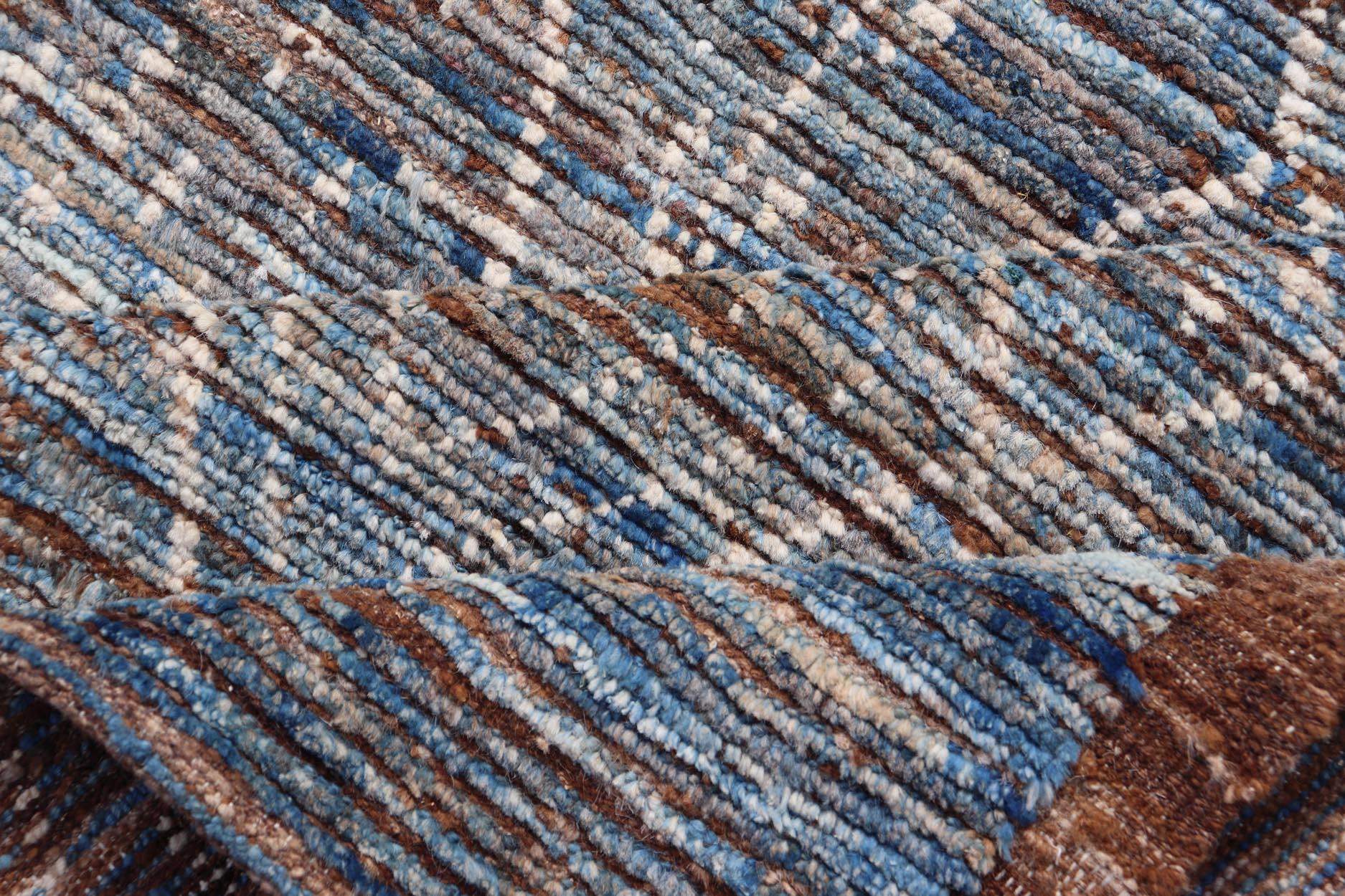 Modern Tribal Rug in Wool with Sub-Geometric Design in Dark Blue, Tan, & Ivory For Sale 7
