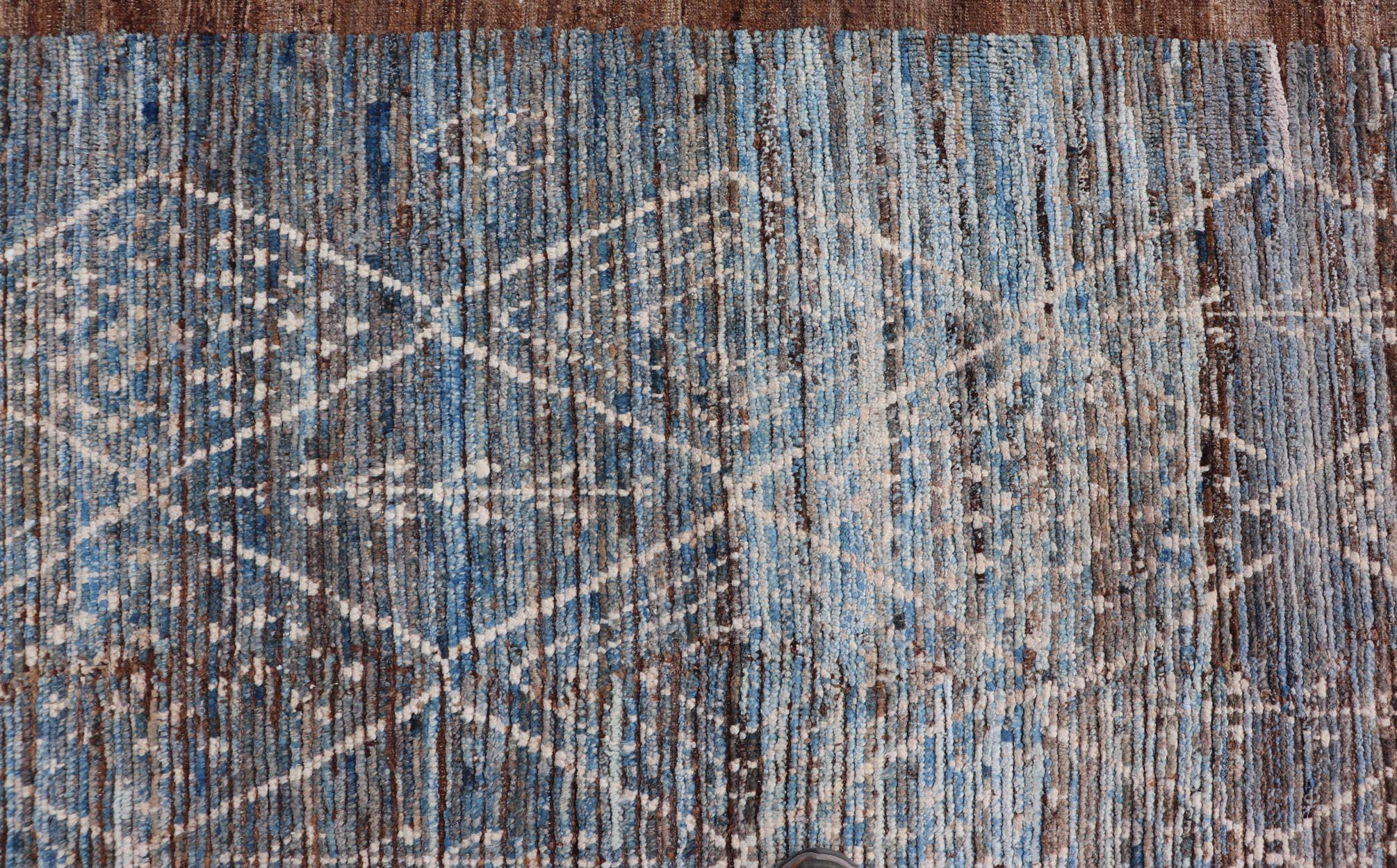 Hand-Knotted Modern Tribal Rug in Wool with Sub-Geometric Design in Dark Blue, Tan, & Ivory For Sale