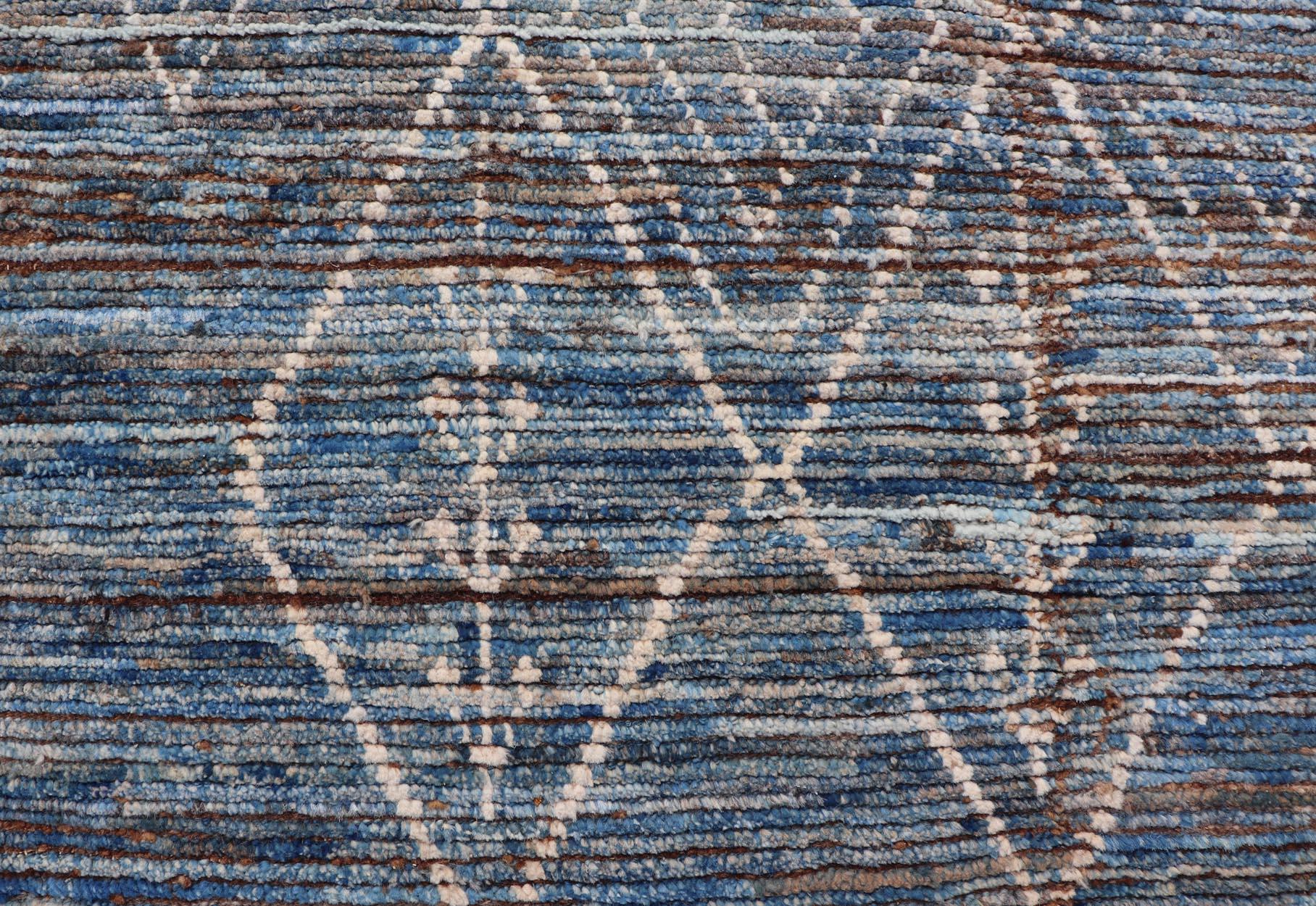 Modern Tribal Rug in Wool with Sub-Geometric Design in Dark Blue, Tan, & Ivory In New Condition For Sale In Atlanta, GA
