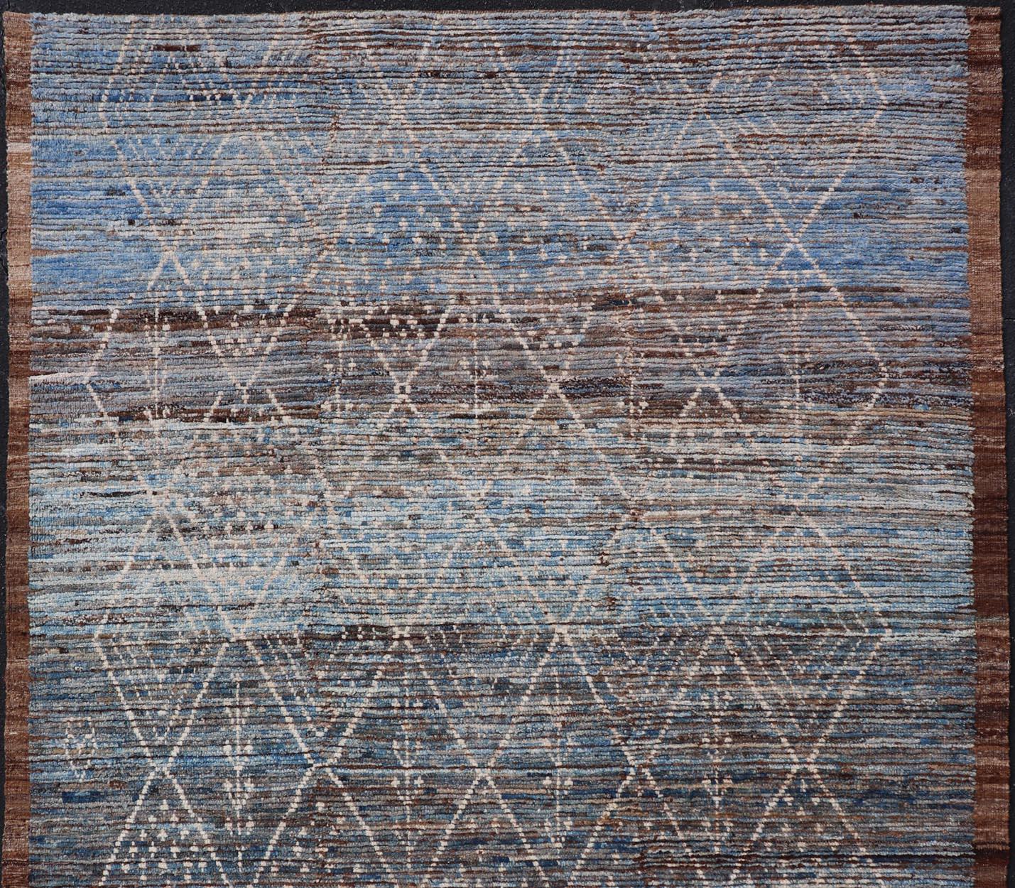 Modern Tribal Rug in Wool with Sub-Geometric Design in Dark Blue, Tan, & Ivory For Sale 1