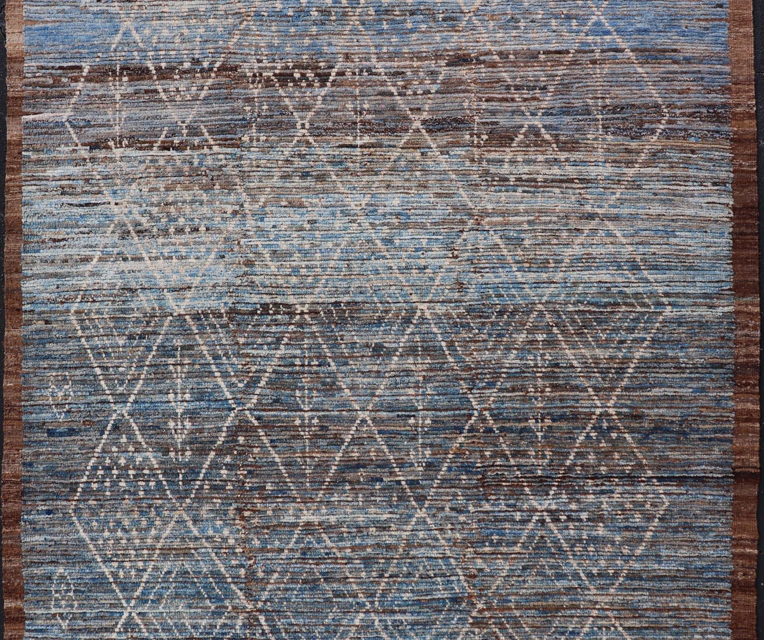 Modern Tribal Rug in Wool with Sub-Geometric Design in Dark Blue, Tan, & Ivory For Sale 2