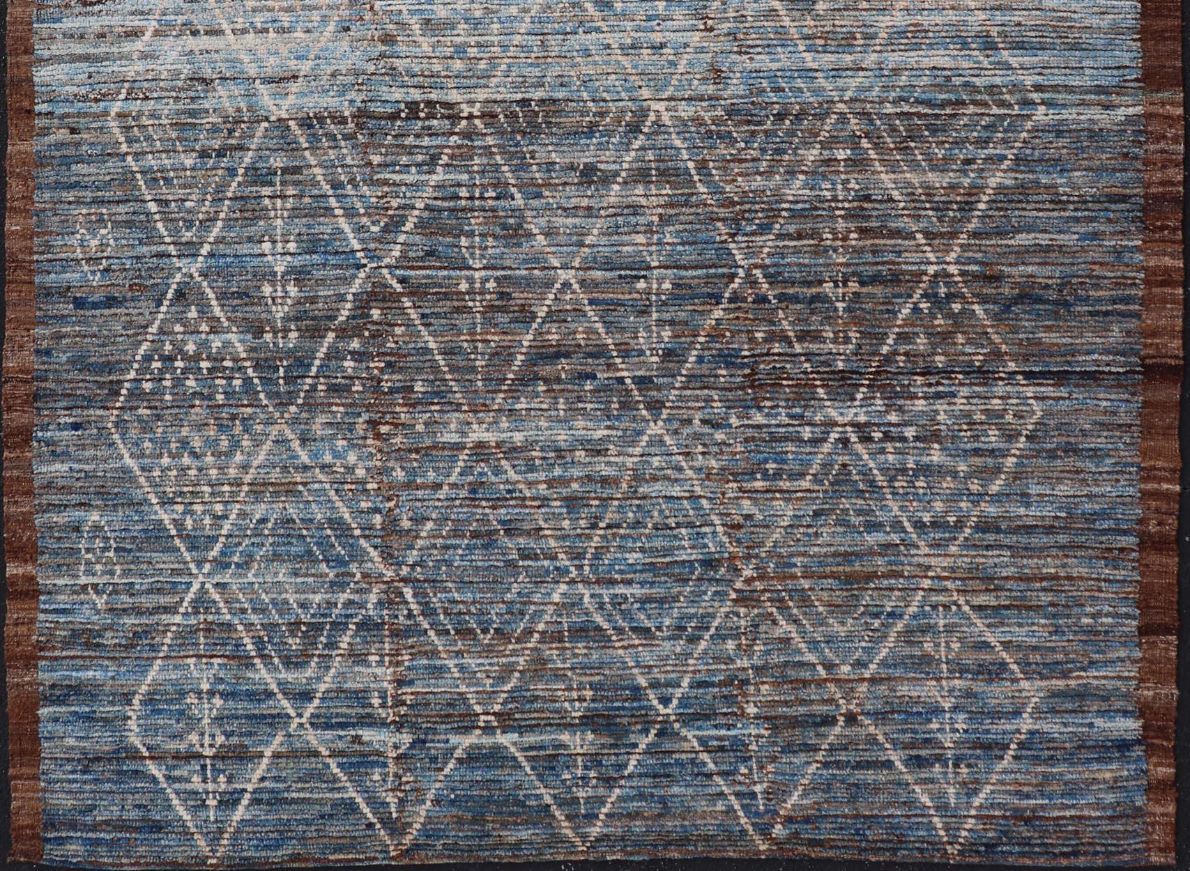 Modern Tribal Rug in Wool with Sub-Geometric Design in Dark Blue, Tan, & Ivory For Sale 3
