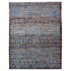 Modern Tribal Rug in Wool with Sub-Geometric Design in Dark Blue, Tan, & Ivory