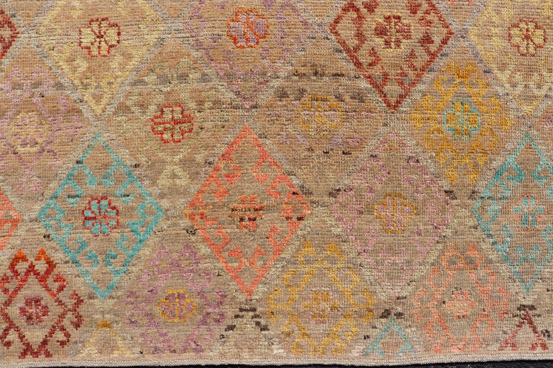 Hand-Knotted Modern Tribal Rug in Wool with Sub-Geometric Diamond Design in Colors For Sale