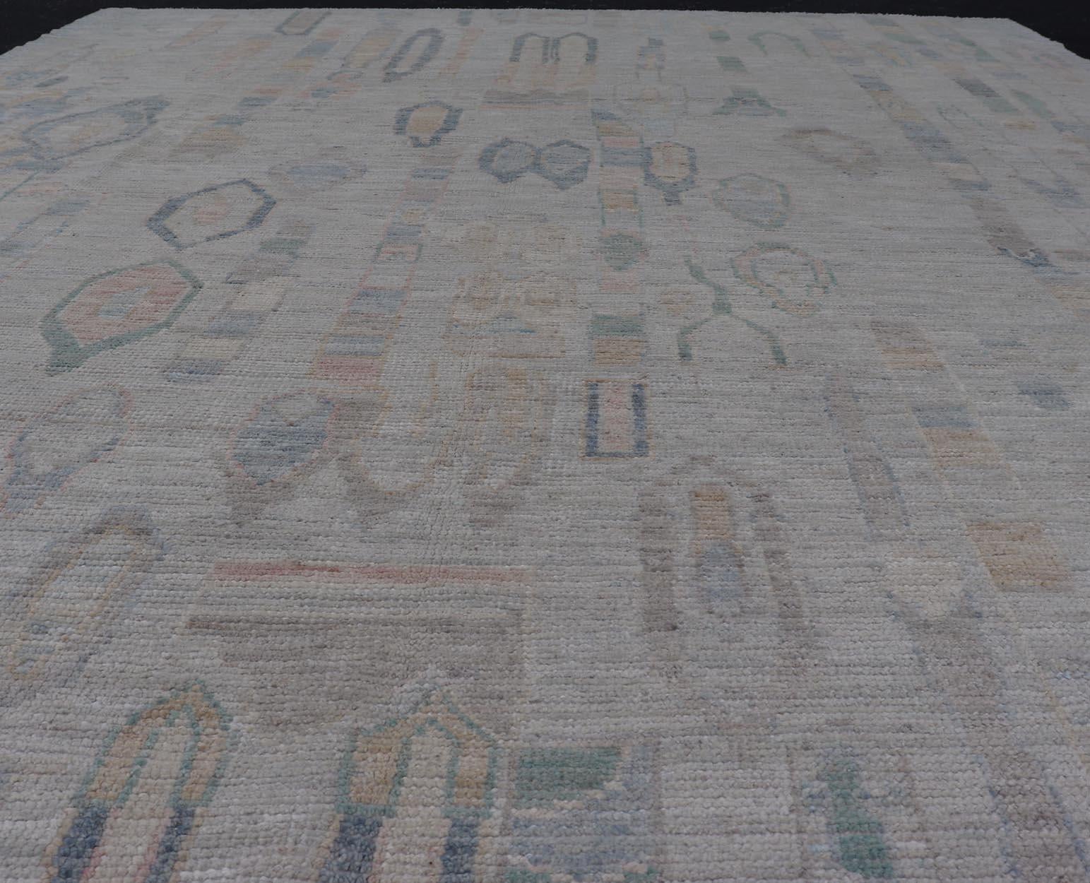 Modern Tribal Rug with Soft Gray and Pastel Geometric Patterns 9'0 x 11'11 For Sale 3