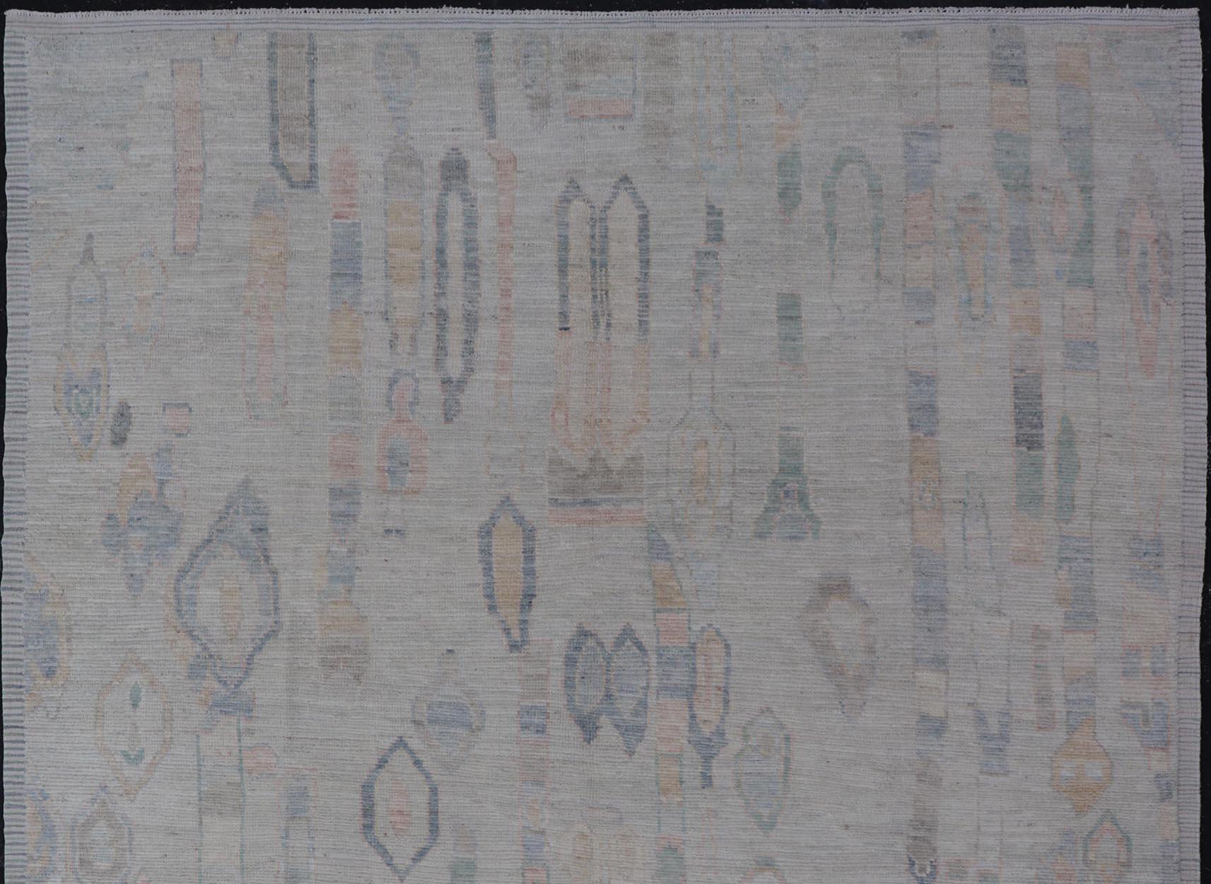Hand-Knotted Modern Tribal Rug with Soft Gray and Pastel Geometric Patterns 9'0 x 11'11 For Sale