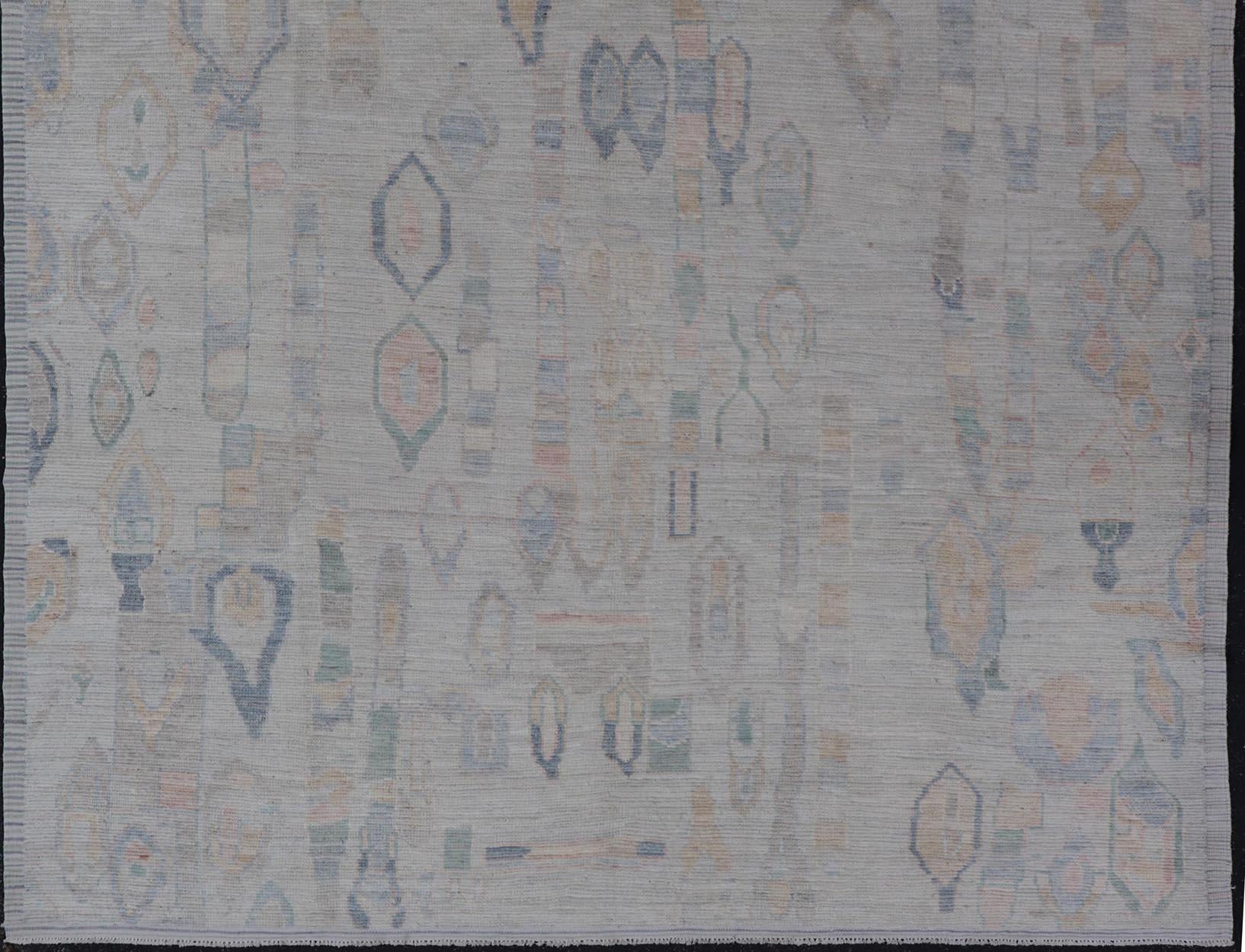 Contemporary Modern Tribal Rug with Soft Gray and Pastel Geometric Patterns 9'0 x 11'11 For Sale