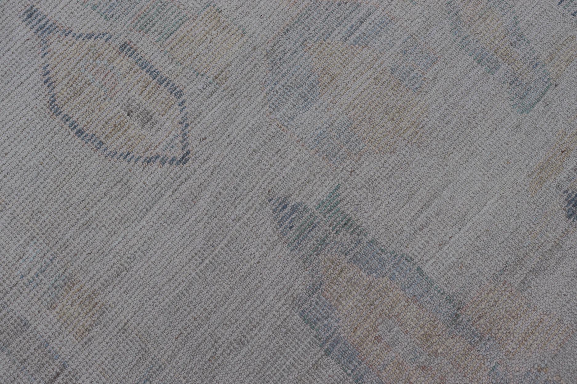 Wool Modern Tribal Rug with Soft Gray and Pastel Geometric Patterns 9'0 x 11'11 For Sale